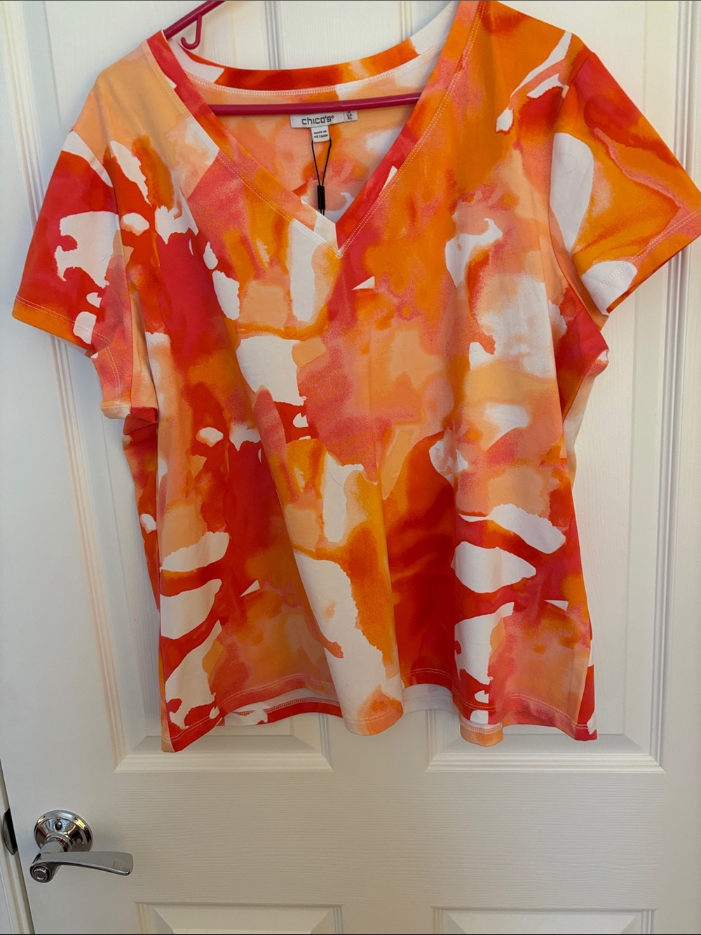 Chico's Orange Pink White Watercolor V-Neck Short Sleeve Top